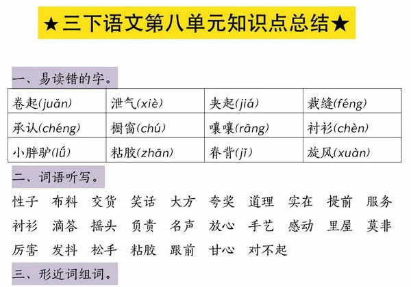 三年级下册语文第八单元知识点总结，4页PDF可打印-优学盒子