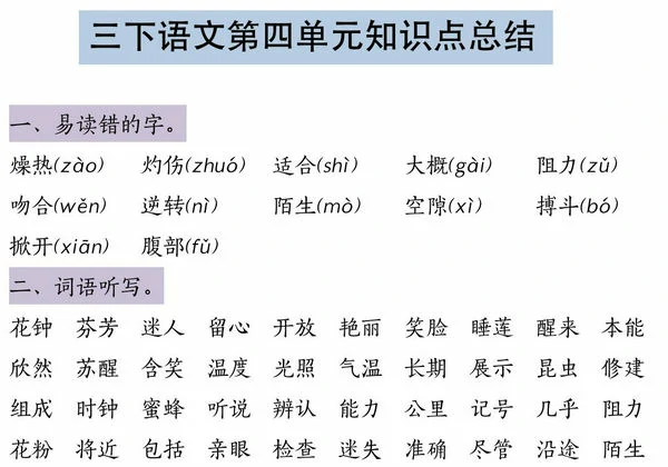 三年级下册语文第四单元知识点总结，4页PDF可打印-优学盒子