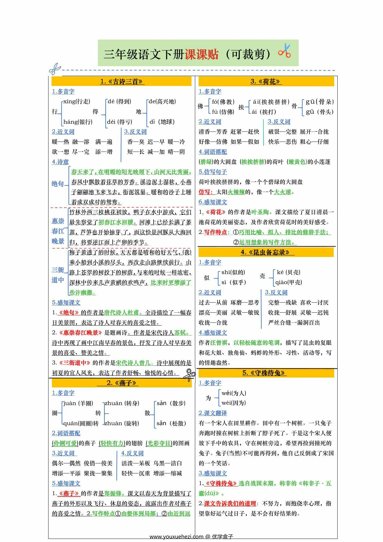图片[1]-三年级语文下册课课贴，8页PDF电子版-优学盒子