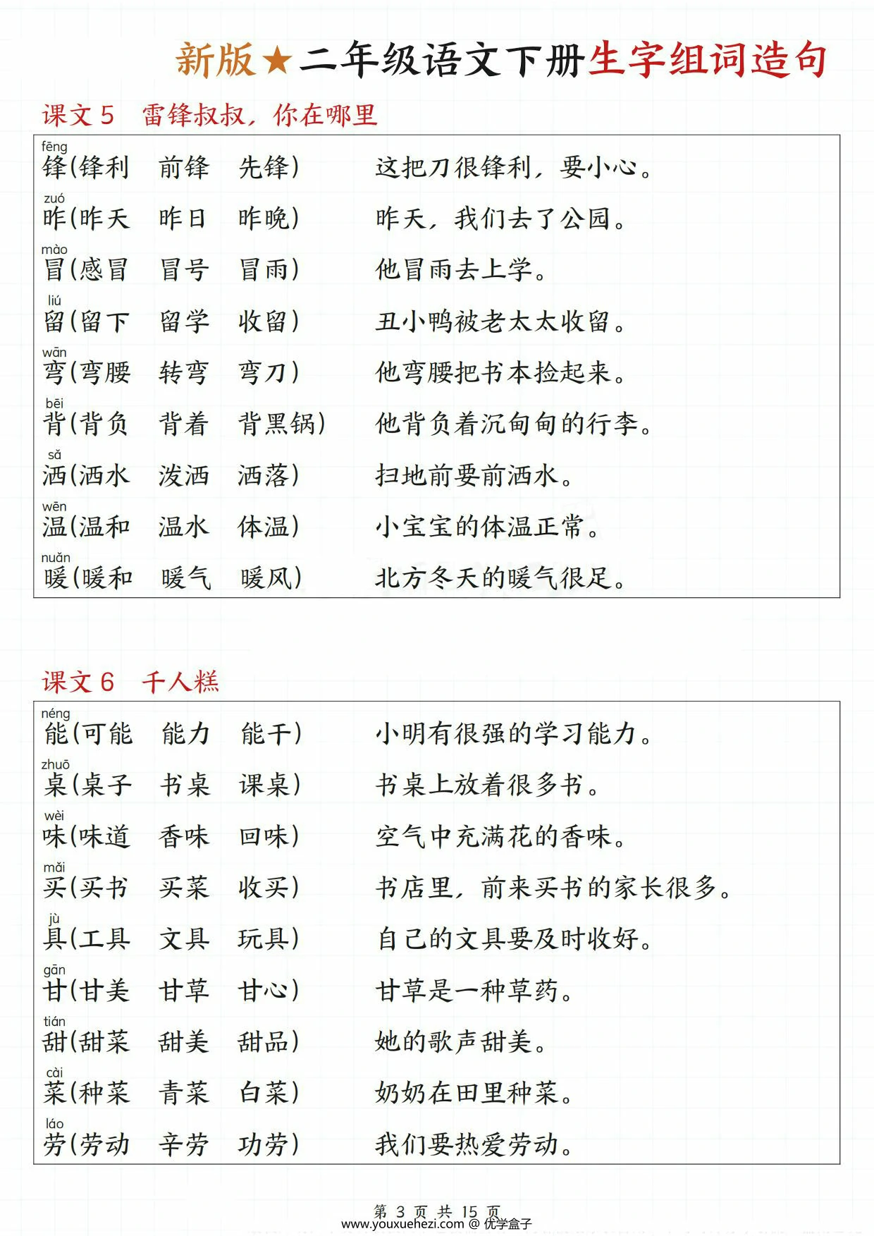 图片[3]-二人年纪语文下册一类字生字组词造句，15页PDF可打印-优学盒子