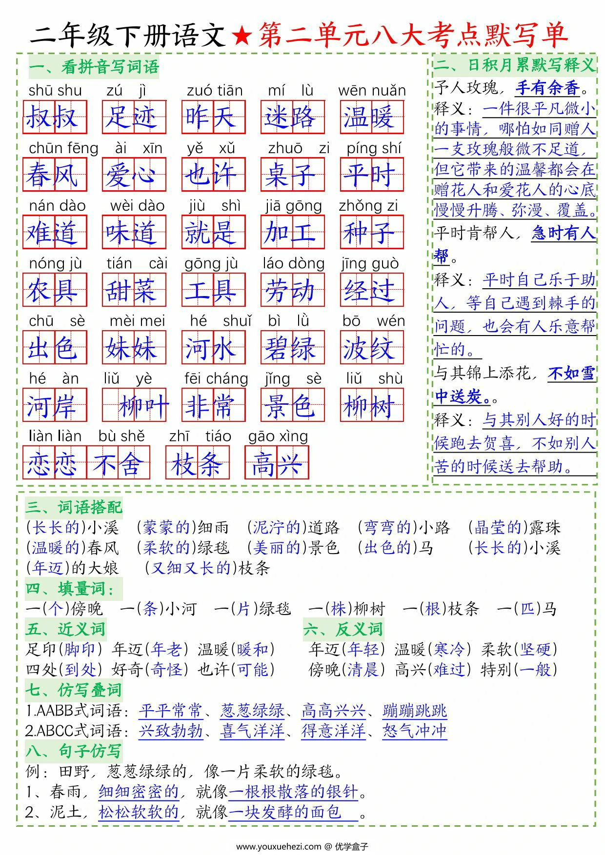 图片[2]-二年级下册语文1-8单元八大考点默写单空白版+答案版，16页PDF电子版-优学盒子
