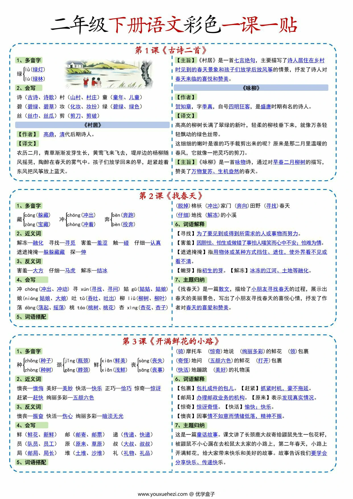 图片[1]-二年级下册语文彩色一课一贴，9页PDF可打印-优学盒子