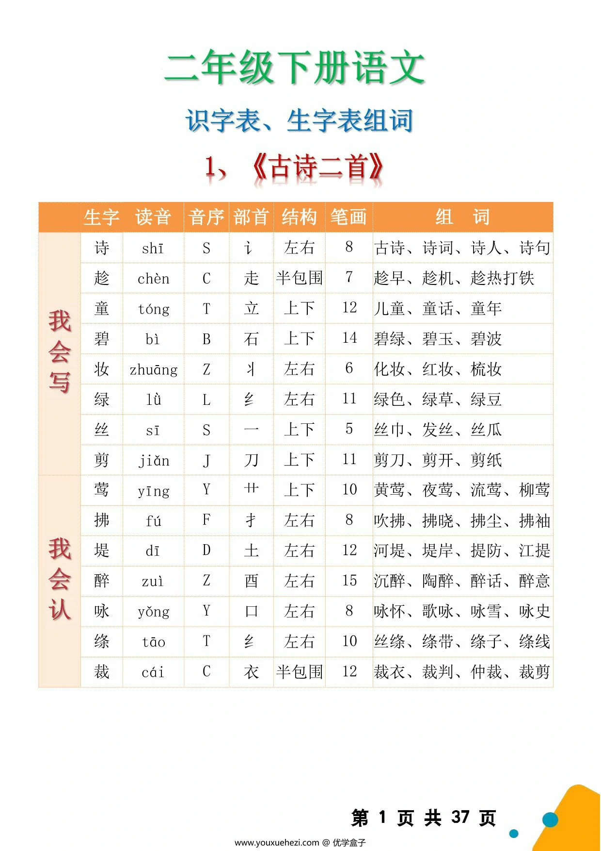 图片[1]-二年级下册语文识字表生字表组词，37页PDF电子版-优学盒子