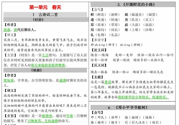 二年级下册语文课课贴，7页PDF可打印-优学盒子