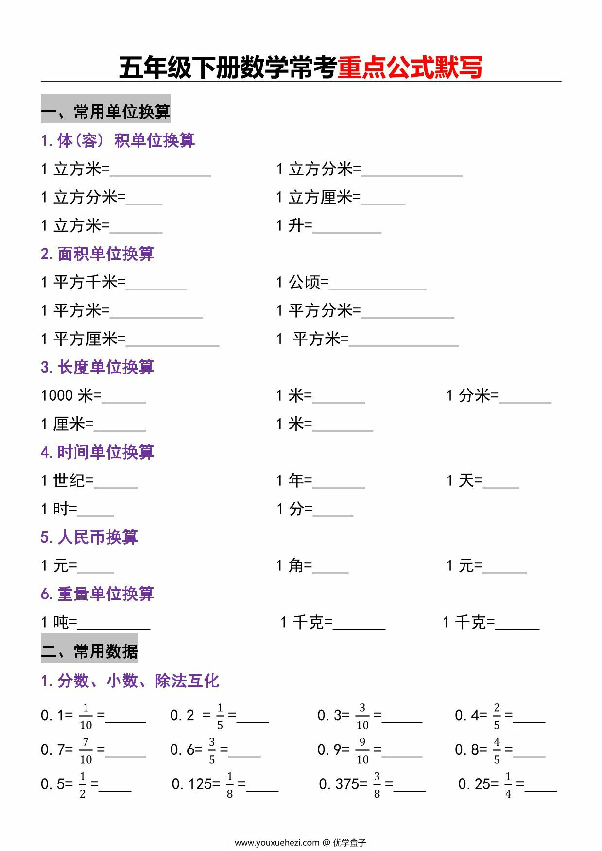 图片[1]-五年级下册数学常考重点公式默写，12页PDF可打印-优学盒子