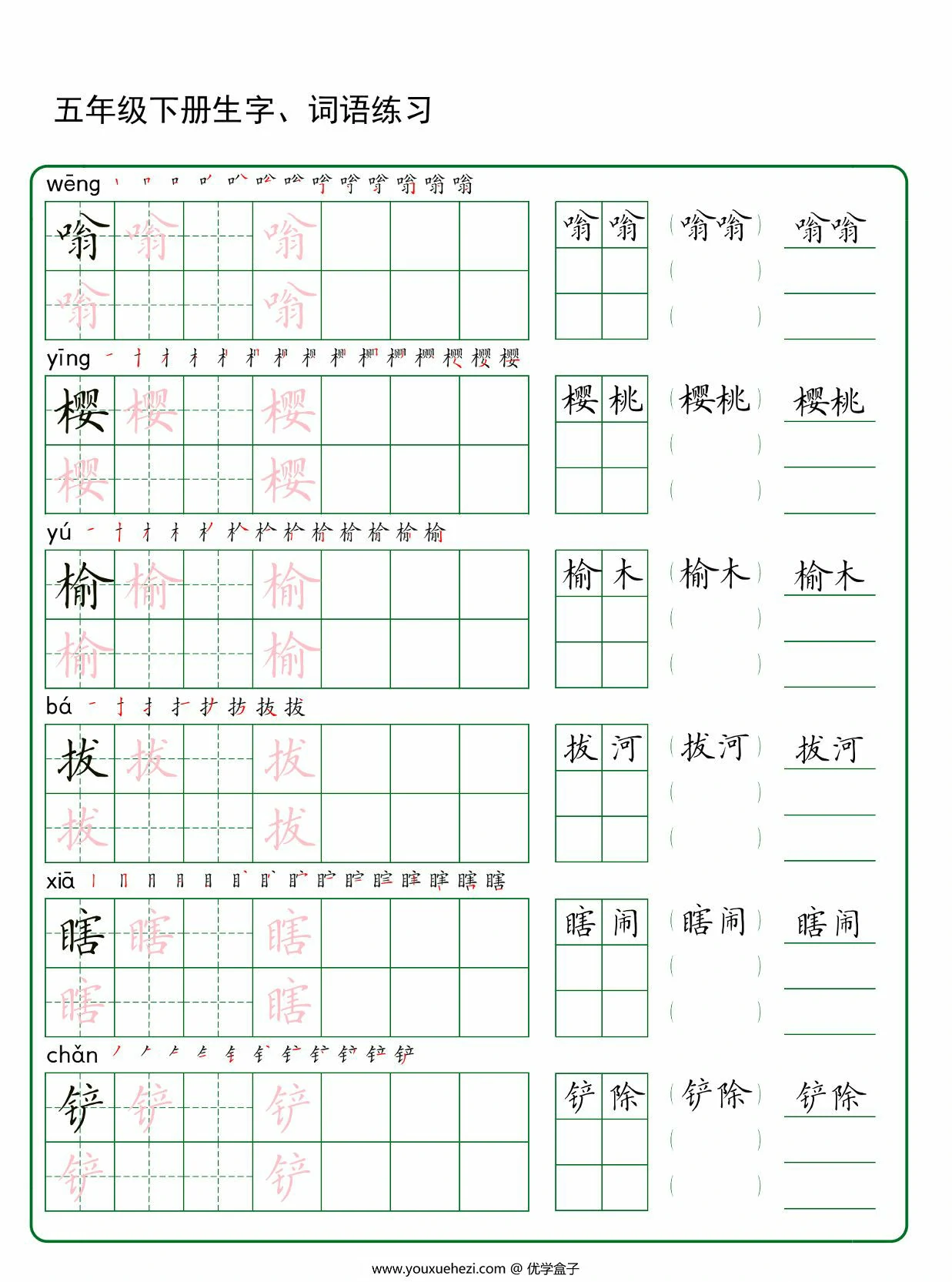 图片[2]-五年级下册语文生字词语练字，30页PDF电子版-优学盒子