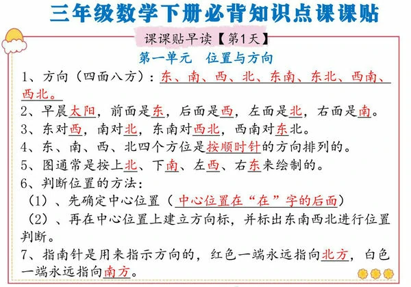 人教版三年级数学下册必背知识点课课贴早读晚默，13页PDF可打印-优学盒子