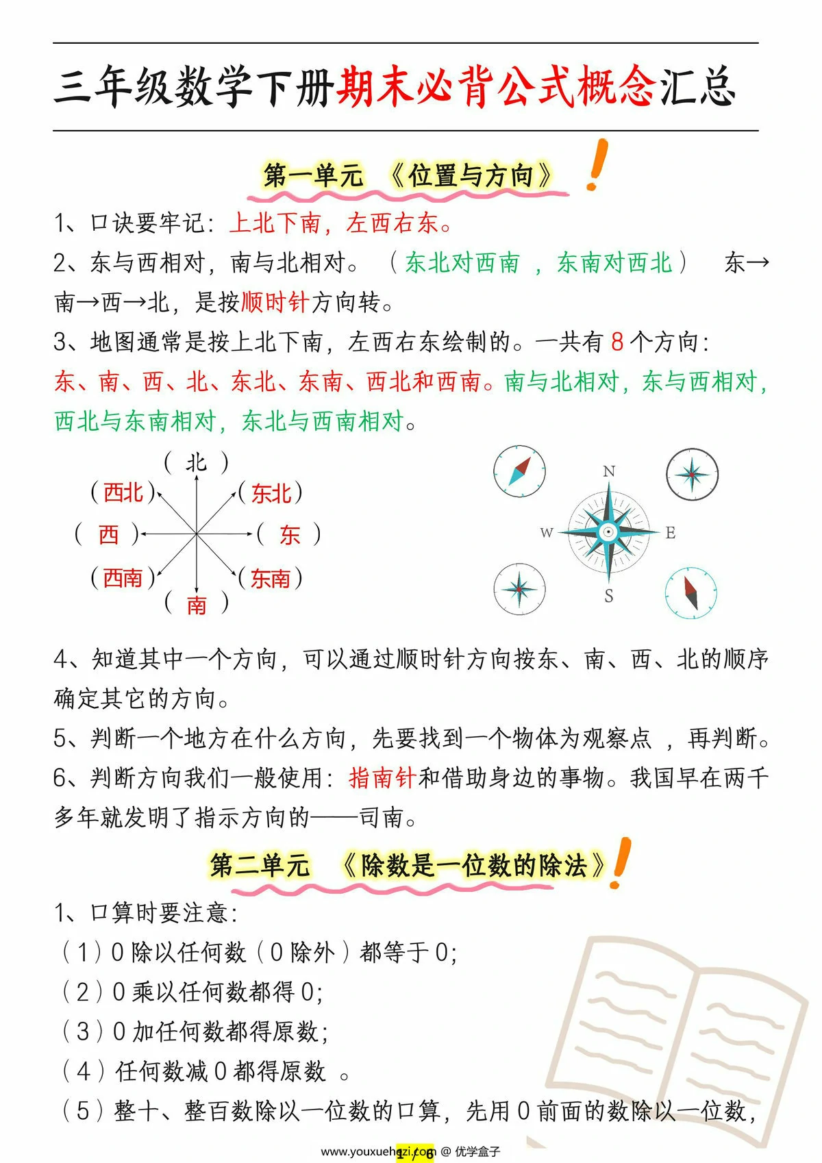 图片[1]-人教版三年级数学下册期末必背公式概念汇总，6页PDF电子版-优学盒子