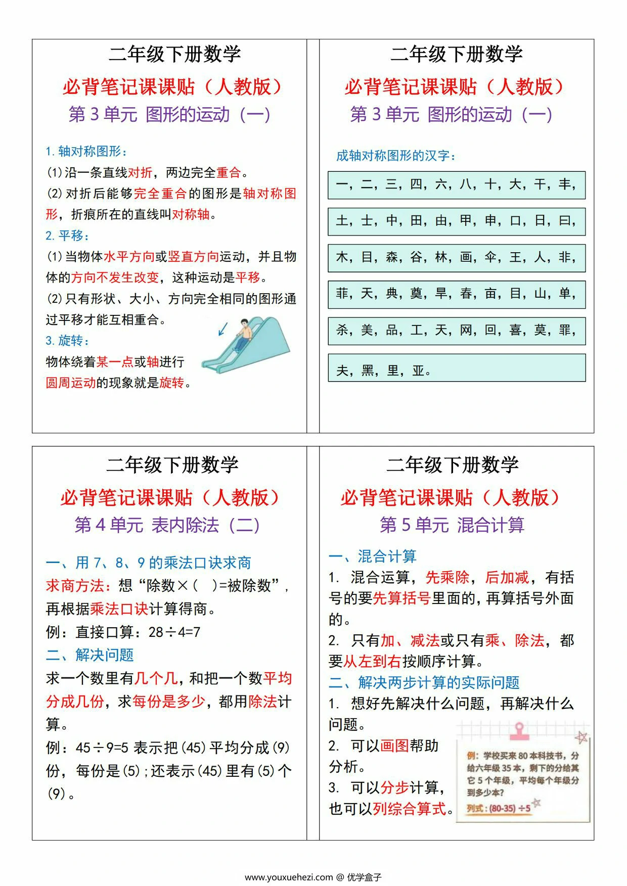 图片[2]-人教版二年级下册数学必背公式概念课课贴，4页PDF电子版-优学盒子