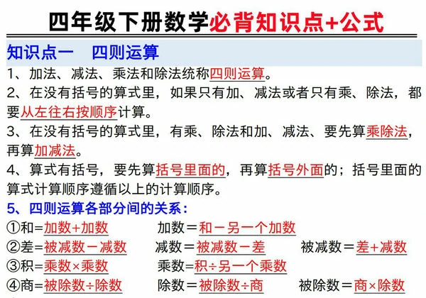 人教版四年级下册数学必背知识点+公式，7页PDF电子版-优学盒子