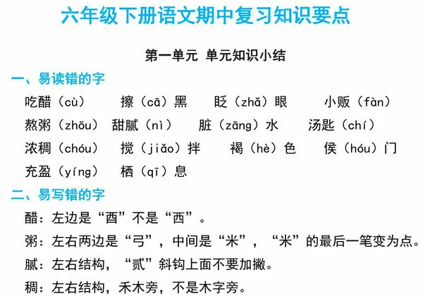六年级下册语文期中复习知识要点，21页PDF电子版-优学盒子