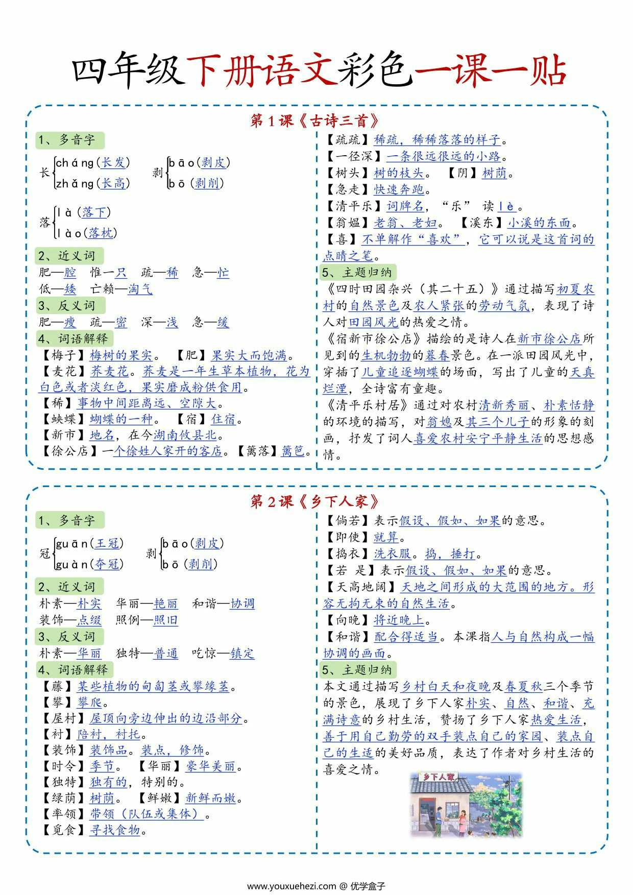 图片[1]-四年级下册语文彩色一课一贴，14页PDF可打印-优学盒子