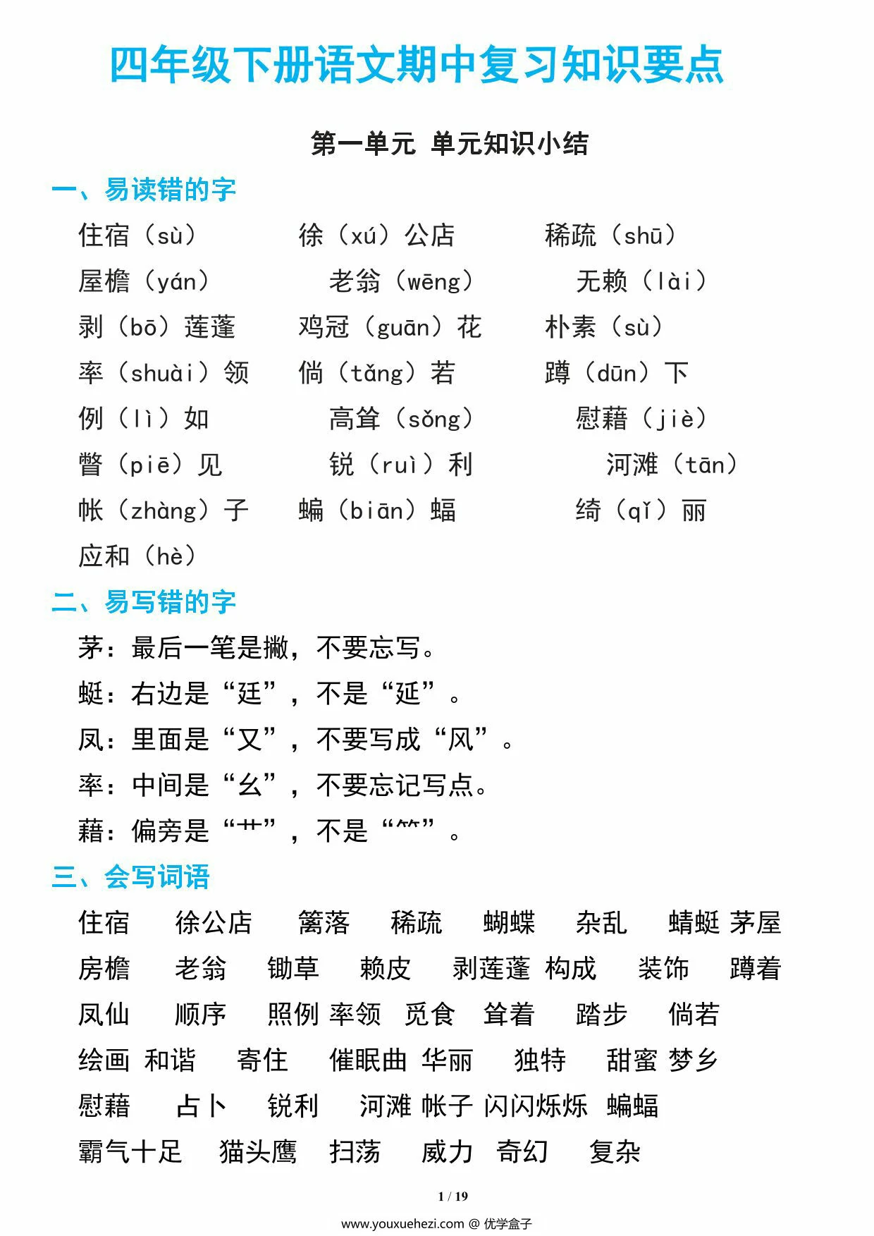 图片[1]-四年级下册语文期中复习知识要点，19页PDF可打印-优学盒子
