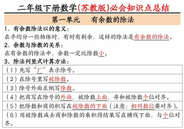苏教版二年级下册数学必会知识点总结，7页PDF电子版-优学盒子