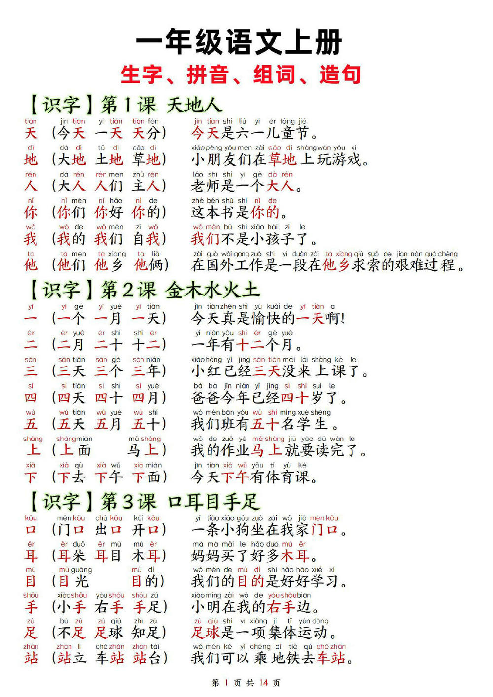 图片[1]-一年级上册语文生字拼音组词造句，14页PDF可打印-优学盒子