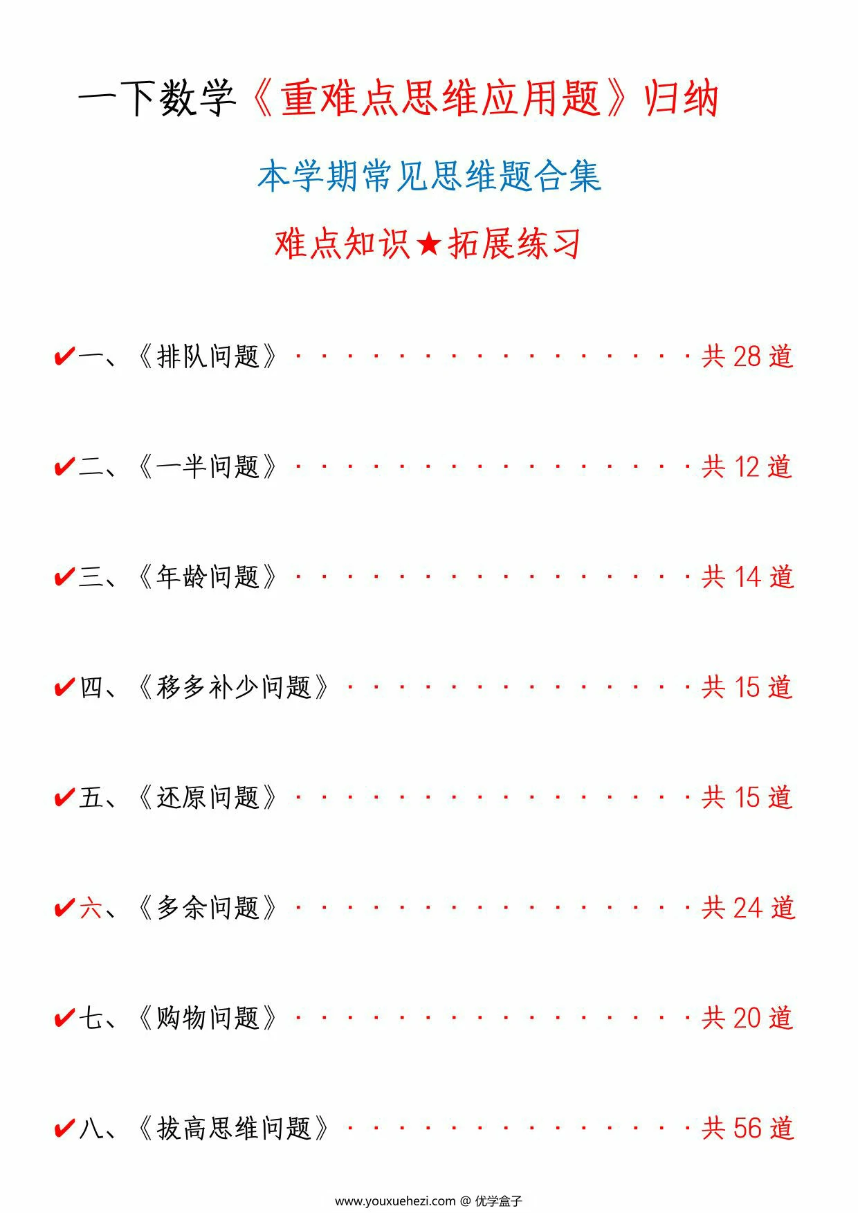 图片[1]-一下数学《重难点思维题》归纳-空白版和答案版，85页PDF电子版-优学盒子