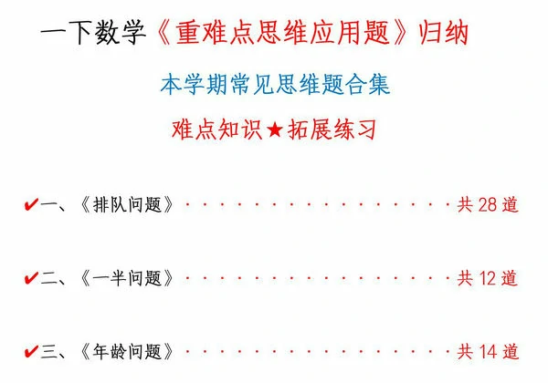 一下数学《重难点思维题》归纳-空白版和答案版，85页PDF电子版-优学盒子