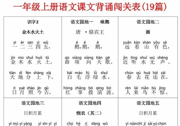 一年级上册语文课文背诵闯关表(19篇)，4页PDF电子版-优学盒子