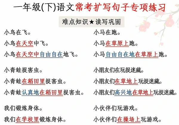 一年级下册语文常考扩写句子专项练习，6页PDF电子版-优学盒子