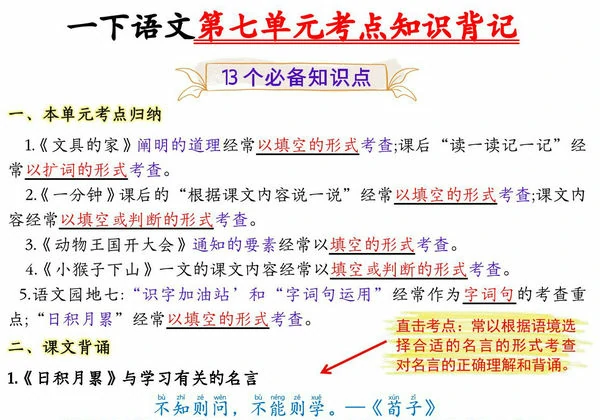 一年级下册语文第七单元考点知识背记-13个必背知识点，4页PDF电子版-优学盒子