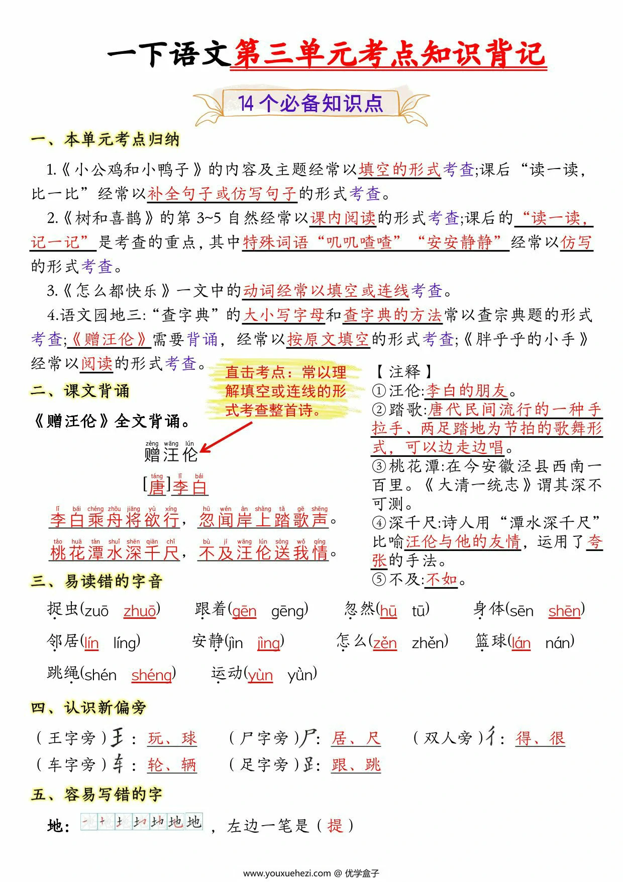 图片[1]-一年级下册语文第三单元考点知识背记-14个必背知识点，4页PDF电子版-优学盒子
