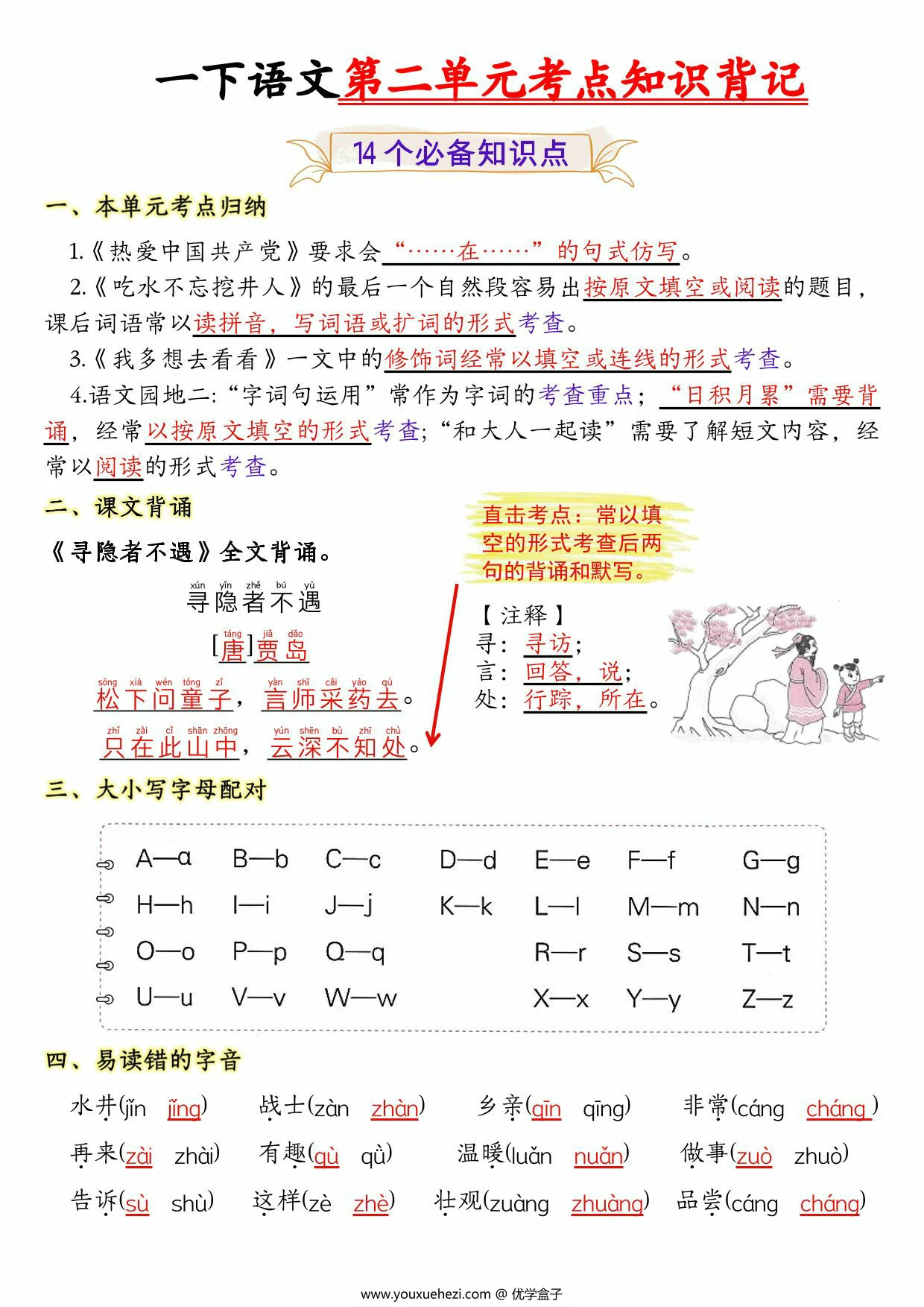 图片[1]-一年级下册语文第二单元考点知识背记-14个必背知识点，4页PDF可打印-优学盒子