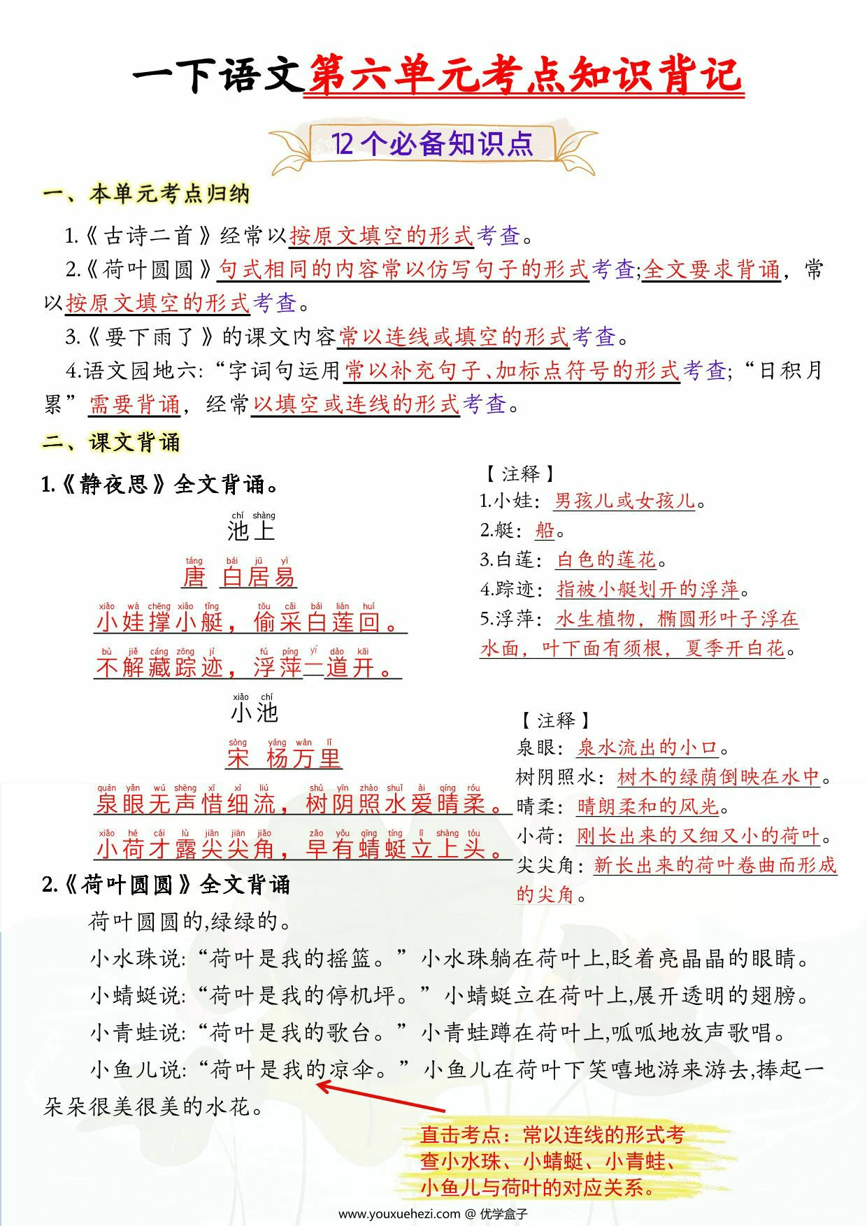 图片[1]-一年级下册语文第六单元考点知识背记-12个必背知识点，4页PDF可打印-优学盒子
