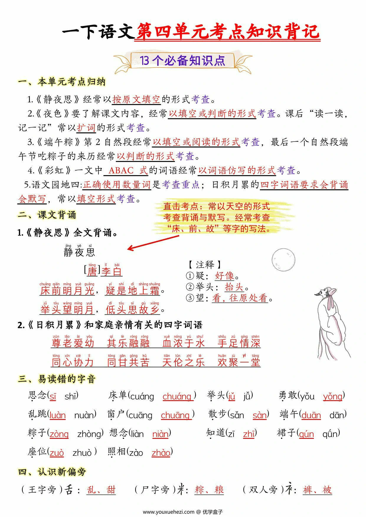 图片[1]-一年级下册语文第四单元考点知识背记-13个必背知识点，4页PDF可打印-优学盒子