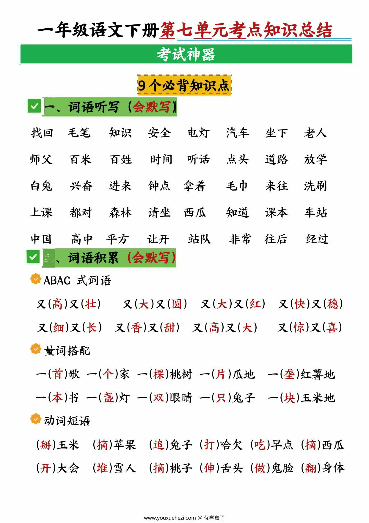 图片[1]-一年级语文下册第七单元考点知识总结，10页PDF电子版-优学盒子