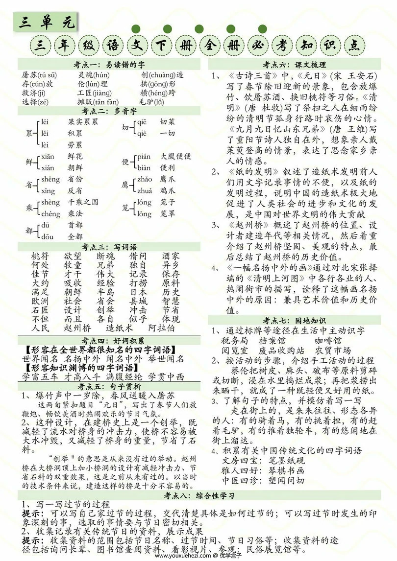 图片[2]-三下语文1-8单元全册必考知识点，8页PDF电子版-优学盒子