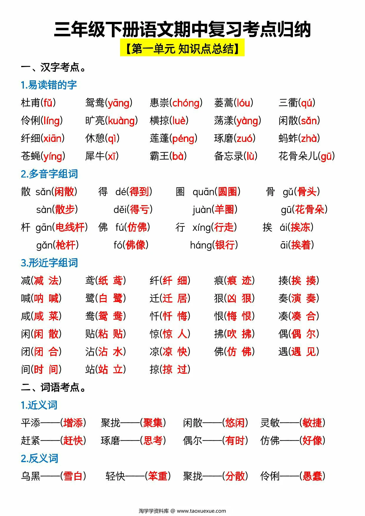 图片[1]-三年级下册语文期中复习考点归纳，17页PDF电子版-优学盒子