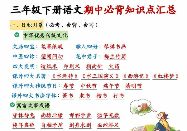 三年级下册语文期中必背知识点汇总，15页PDF可打印-优学盒子