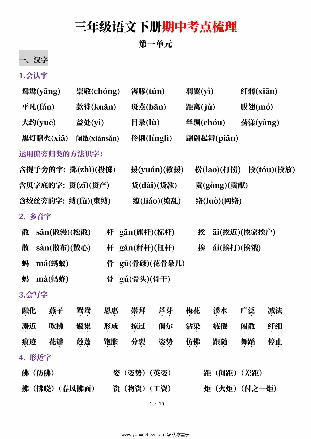 图片[1]-三年级语文下册期中考点梳理，19页PDF可打印-优学盒子