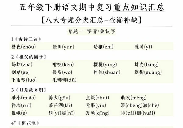 五年级下册语文期中复习重点知识汇总八大专题，14页PDF电子版-优学盒子