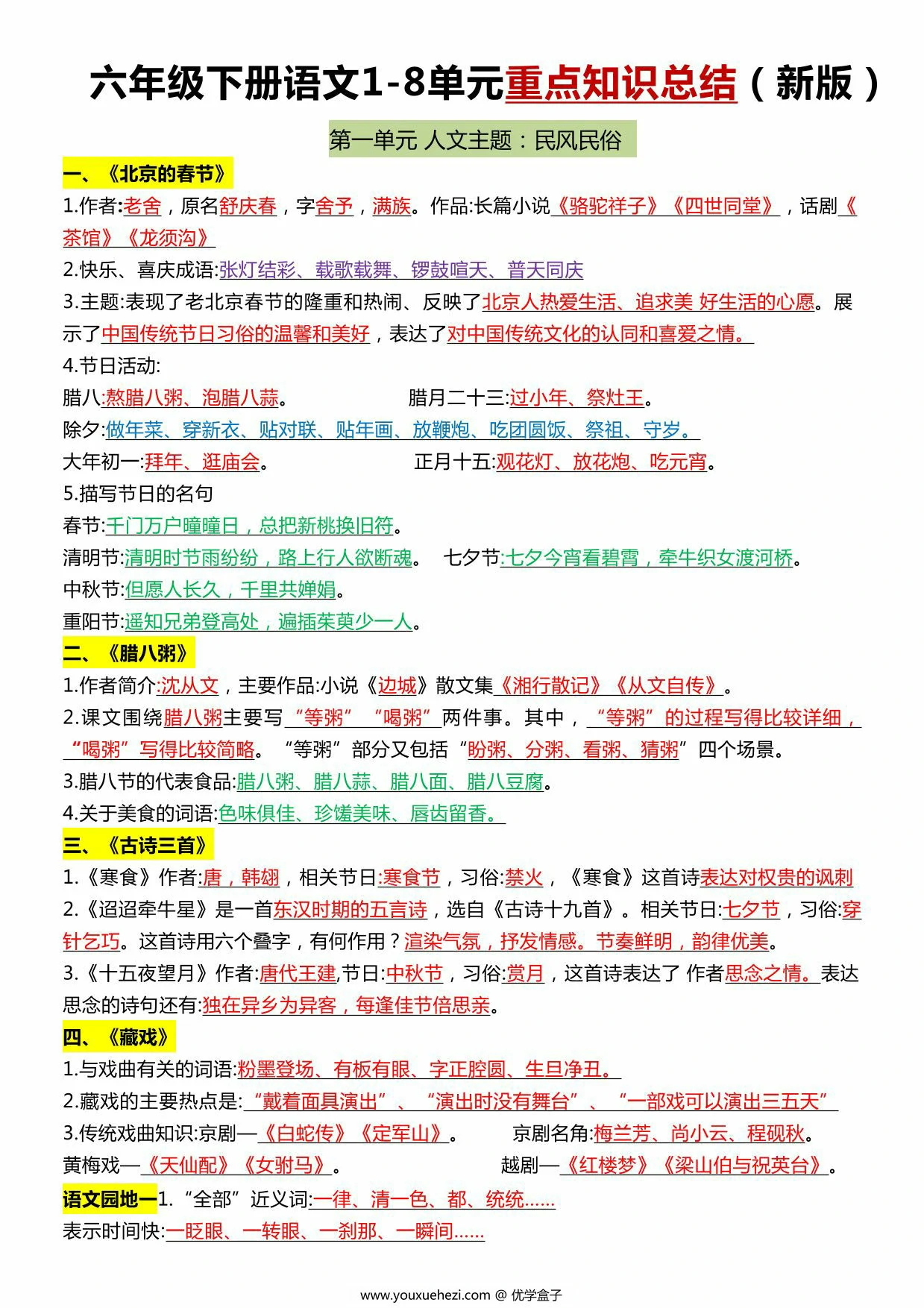 图片[1]-六年级下册语文1-8单元重点知识点总结，6页PDF电子版-优学盒子