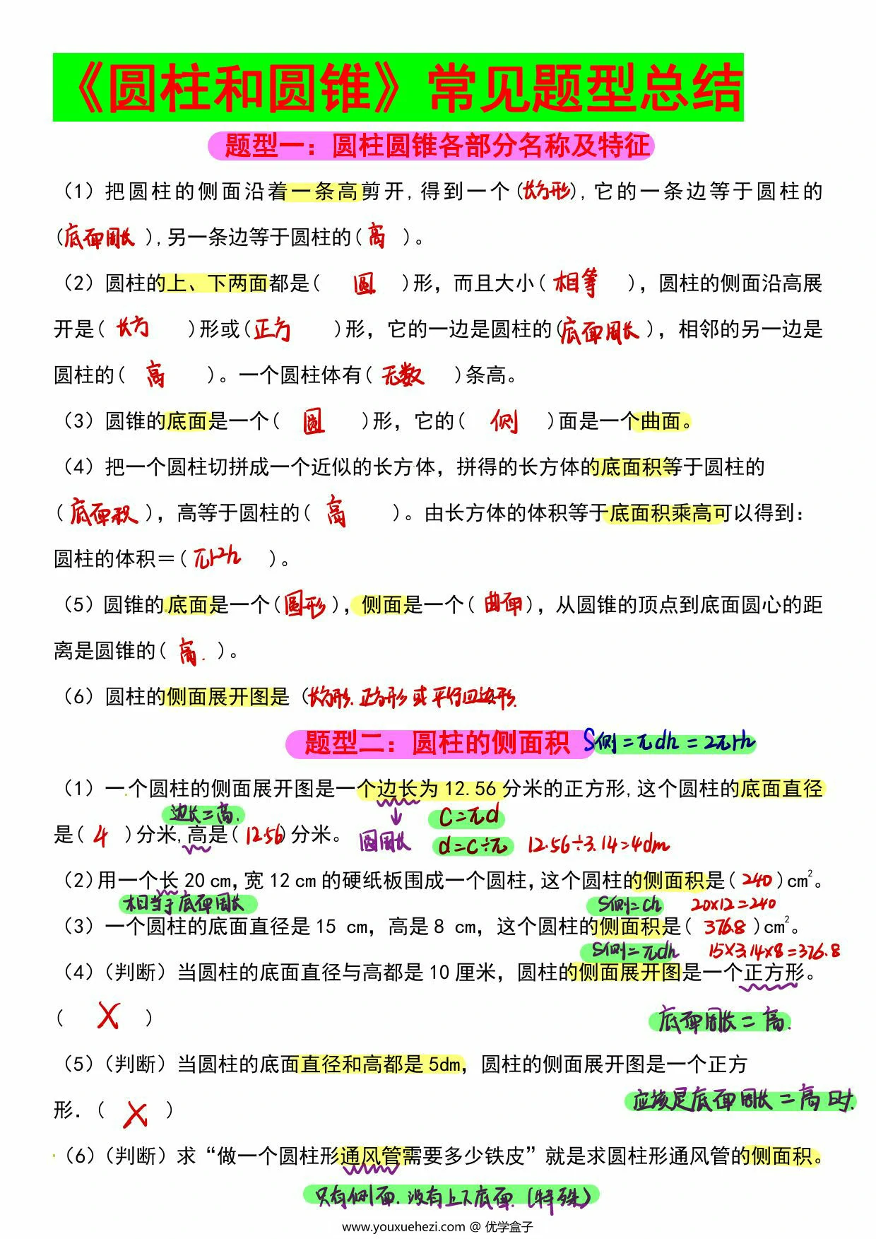 图片[2]-小升初数学圆柱与圆锥常见题型总结十六大题型，18页PDF可打印-优学盒子