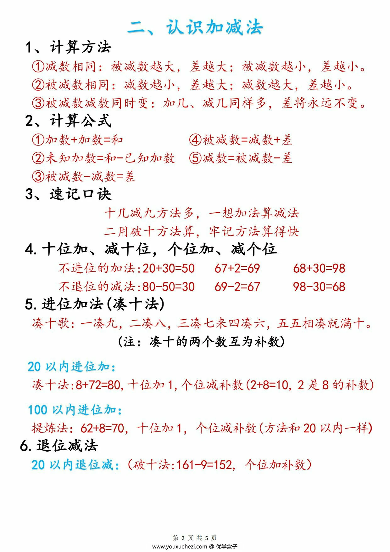 图片[2]-一年级下册数学期末知识点总结，5页PDF可打印-优学盒子