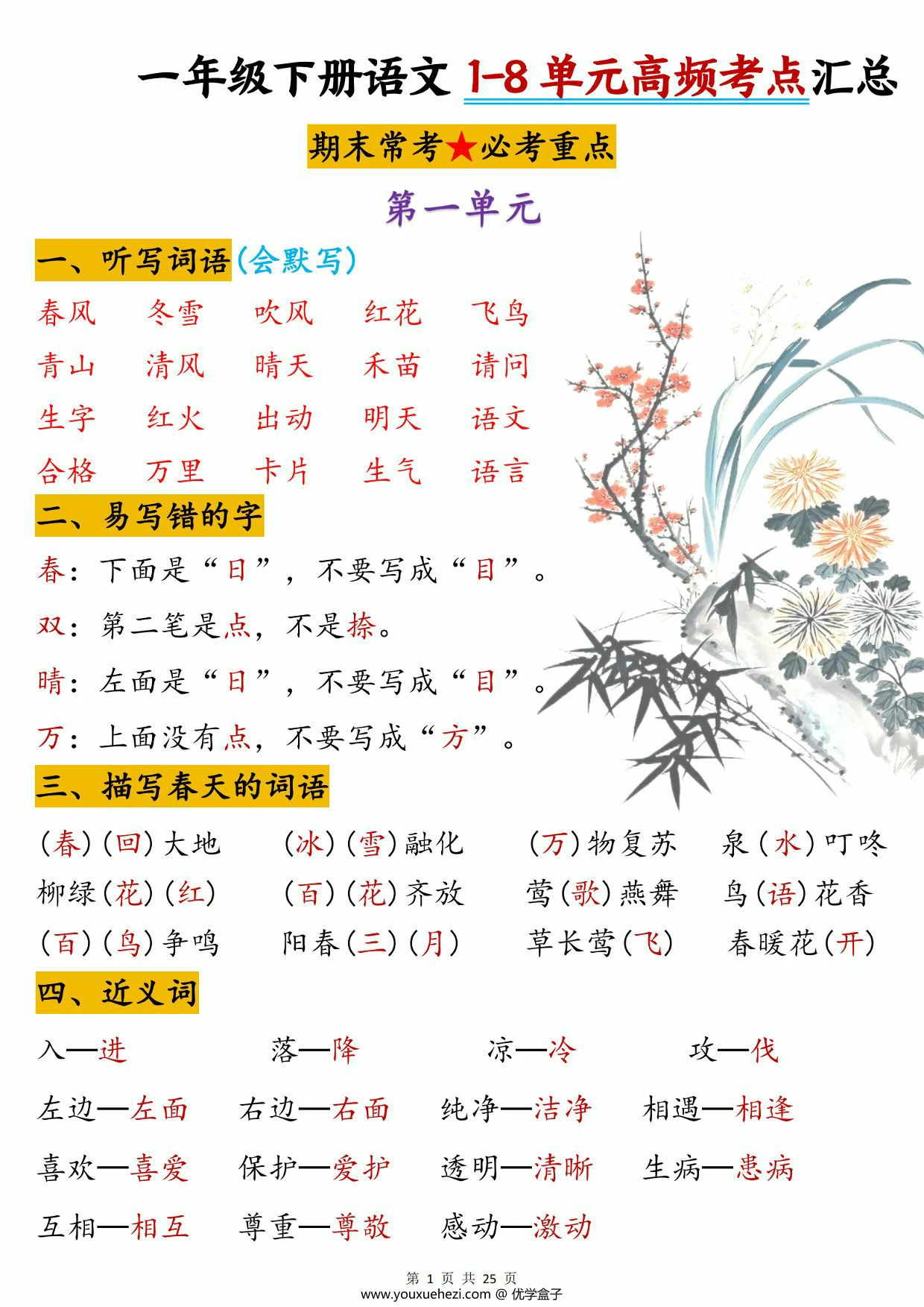 图片[1]-一年级下册语文1-8单元高频考点汇总，25页PDF电子版-优学盒子