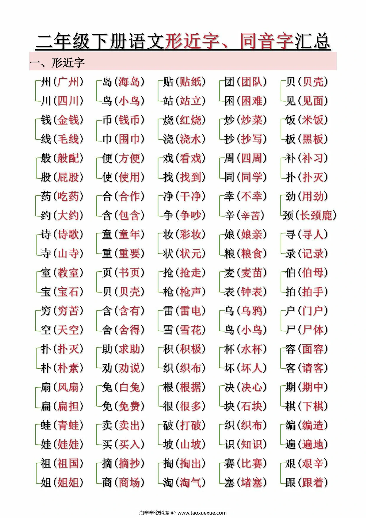 图片[1]-二年级下册语文形近字、同音字汇总（空白+答案），10页PDF可打印-优学盒子