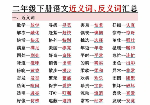 二年级下册语文近义词、反义词汇总（空白+答案），12页PDF电子版-优学盒子