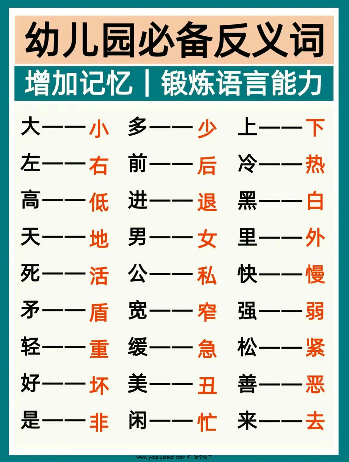 图片[1]-幼儿园必备反义词，9页PDF电子版-优学盒子