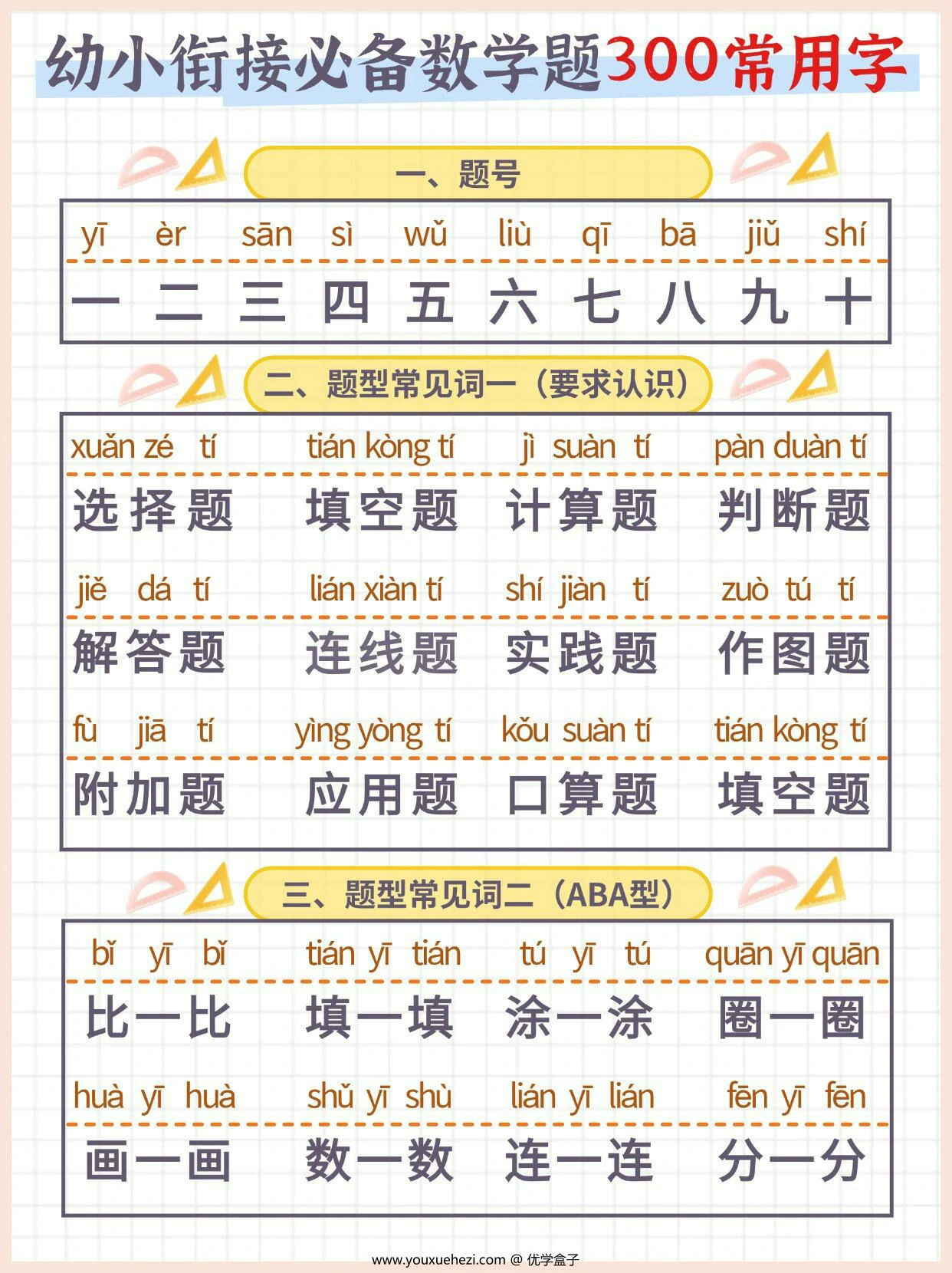 图片[1]-幼小衔接必备数学题300常用字，4页PDF可打印-优学盒子