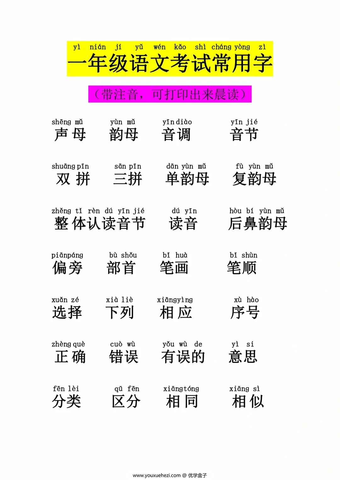 图片[1]-一年级语文考试常用字，4页PDF电子版-优学盒子