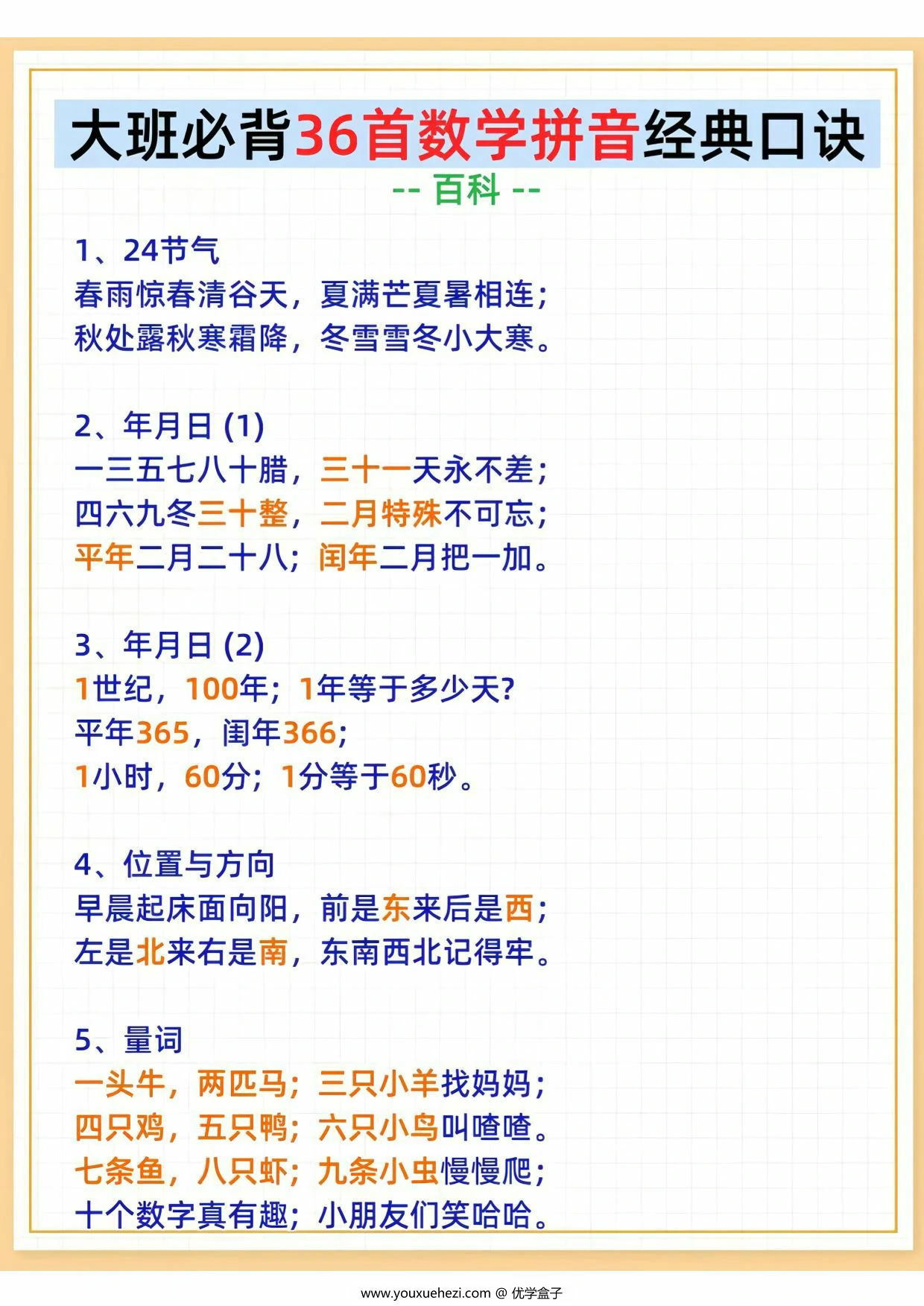 图片[2]-大班必背36首数学拼音经典口诀儿歌，6页PDF电子版-优学盒子