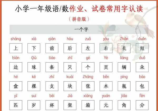 小学一年级语文数学作业、试卷常用字认读[修正版]，5页PDF可打印-优学盒子