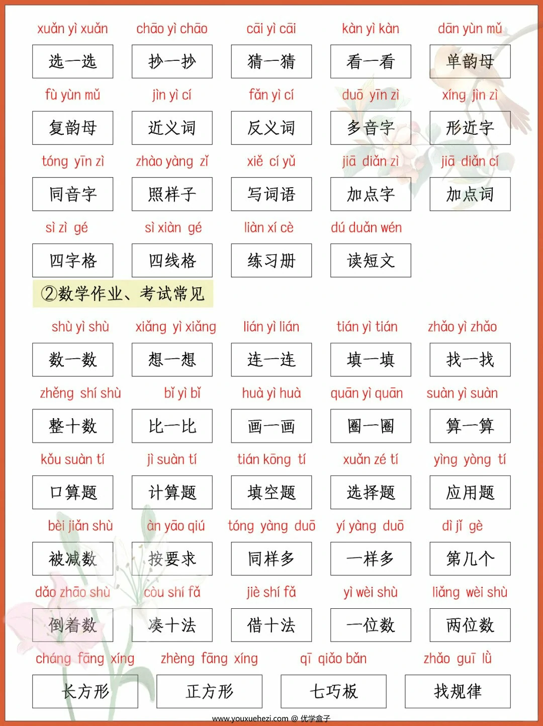 图片[2]-小学一年级语文数学作业、试卷常用字认读[修正版]，5页PDF可打印-优学盒子
