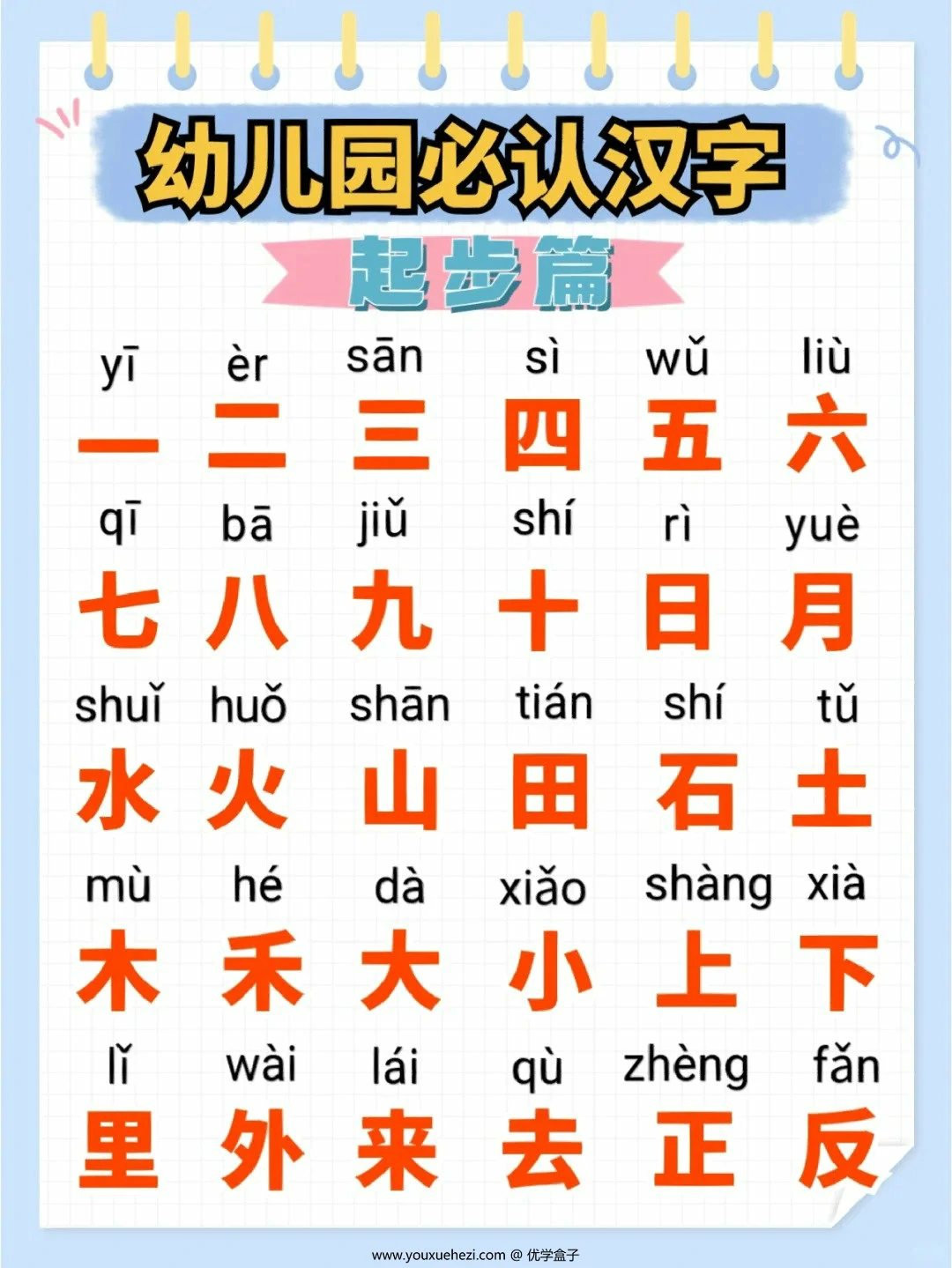 图片[1]-幼儿园必认汉字起步篇，9页PDF可打印-优学盒子