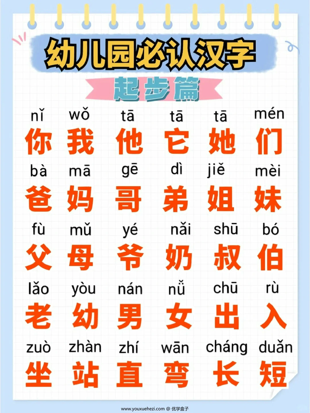 图片[3]-幼儿园必认汉字起步篇，9页PDF可打印-优学盒子