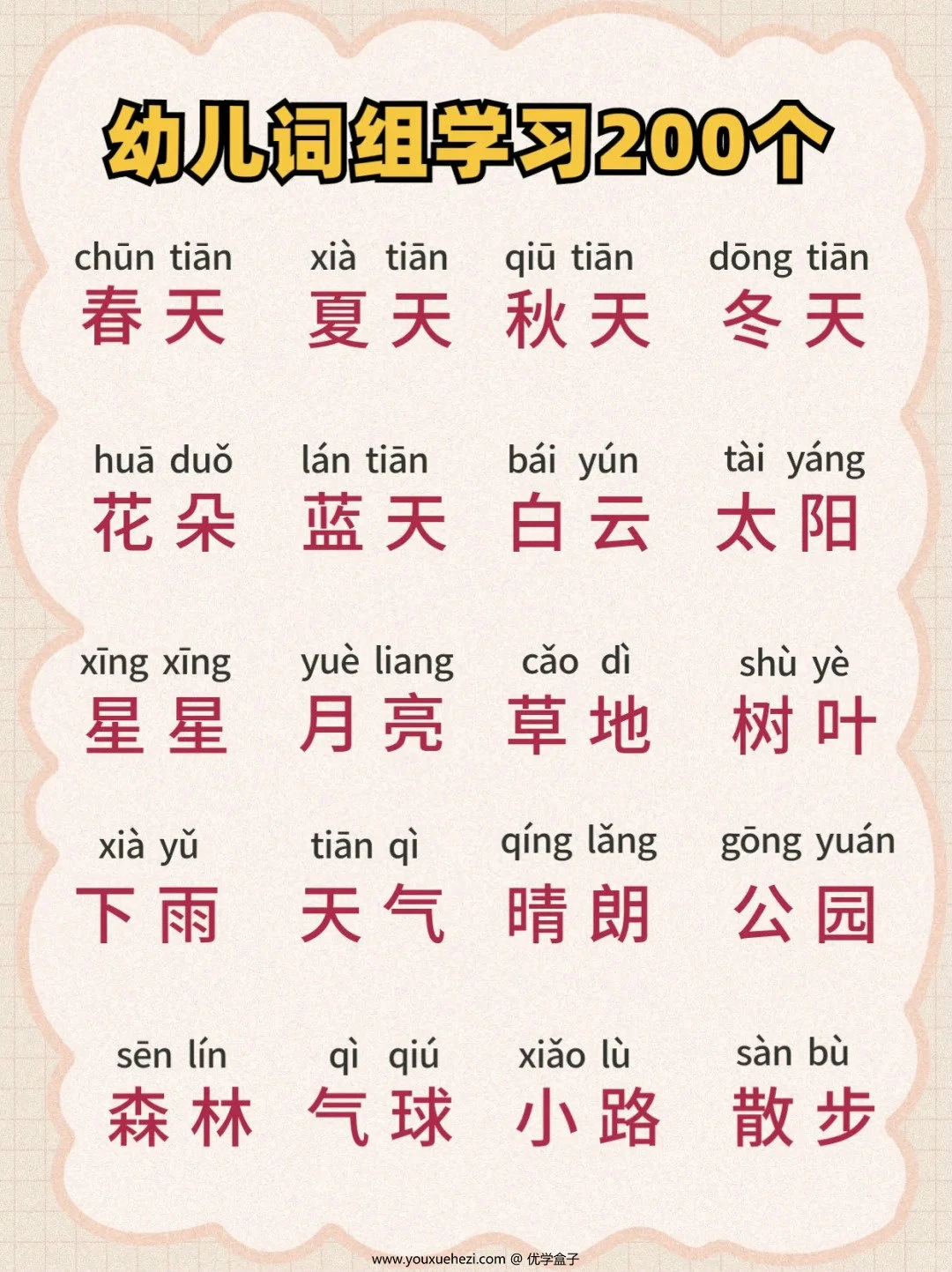 图片[1]-幼儿词组学习200个，10页PDF可打印-优学盒子