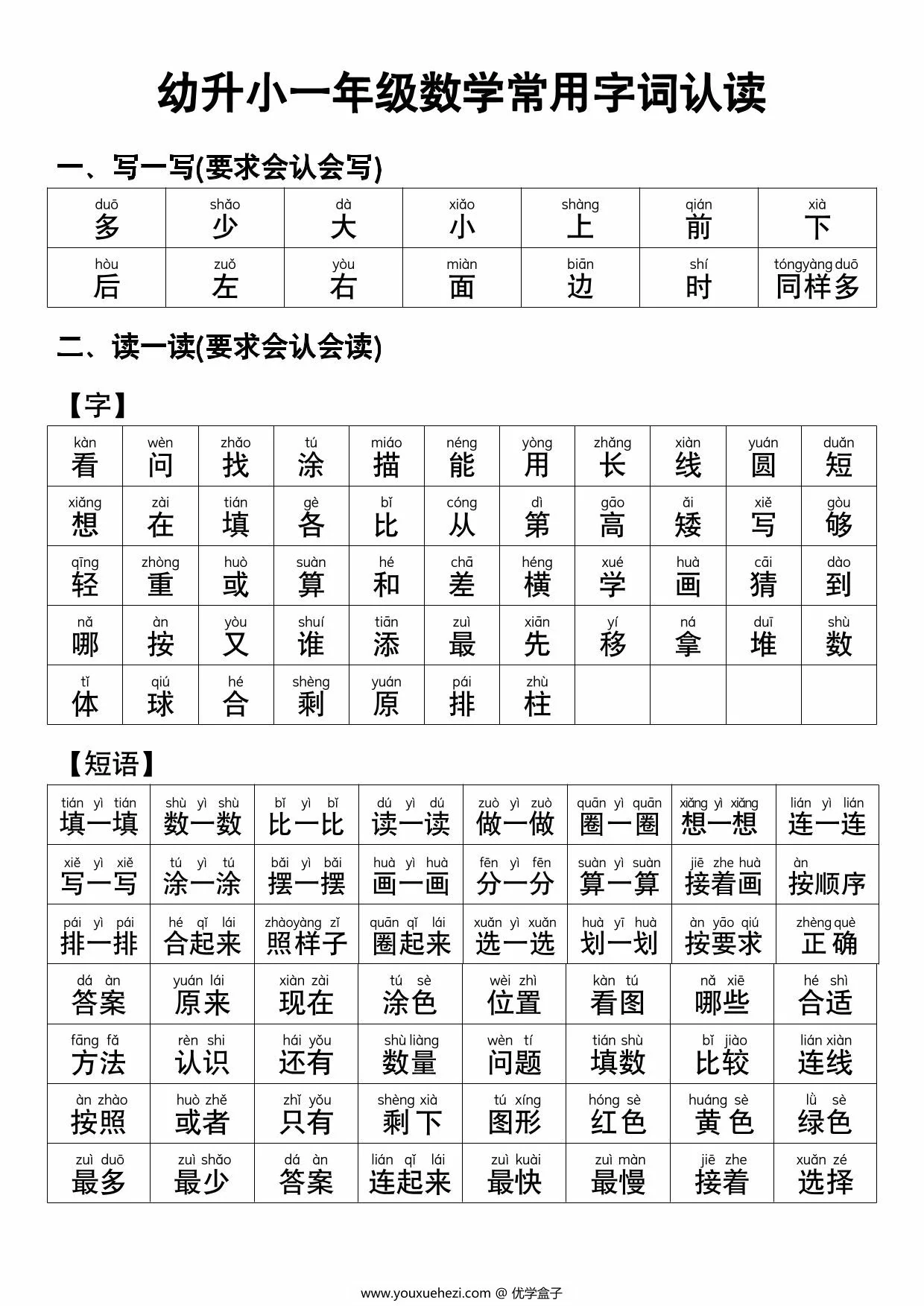 图片[1]-幼升小一年级数学常用字词认读，5页PDF电子版-优学盒子